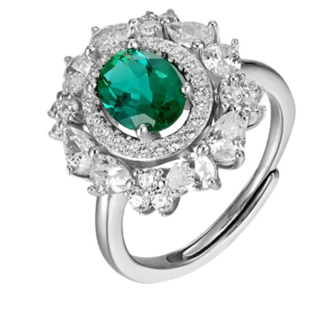 S925 Sterling Silver Lab Emerald Sunflower Halo Open Ring, for Women - Photo 5