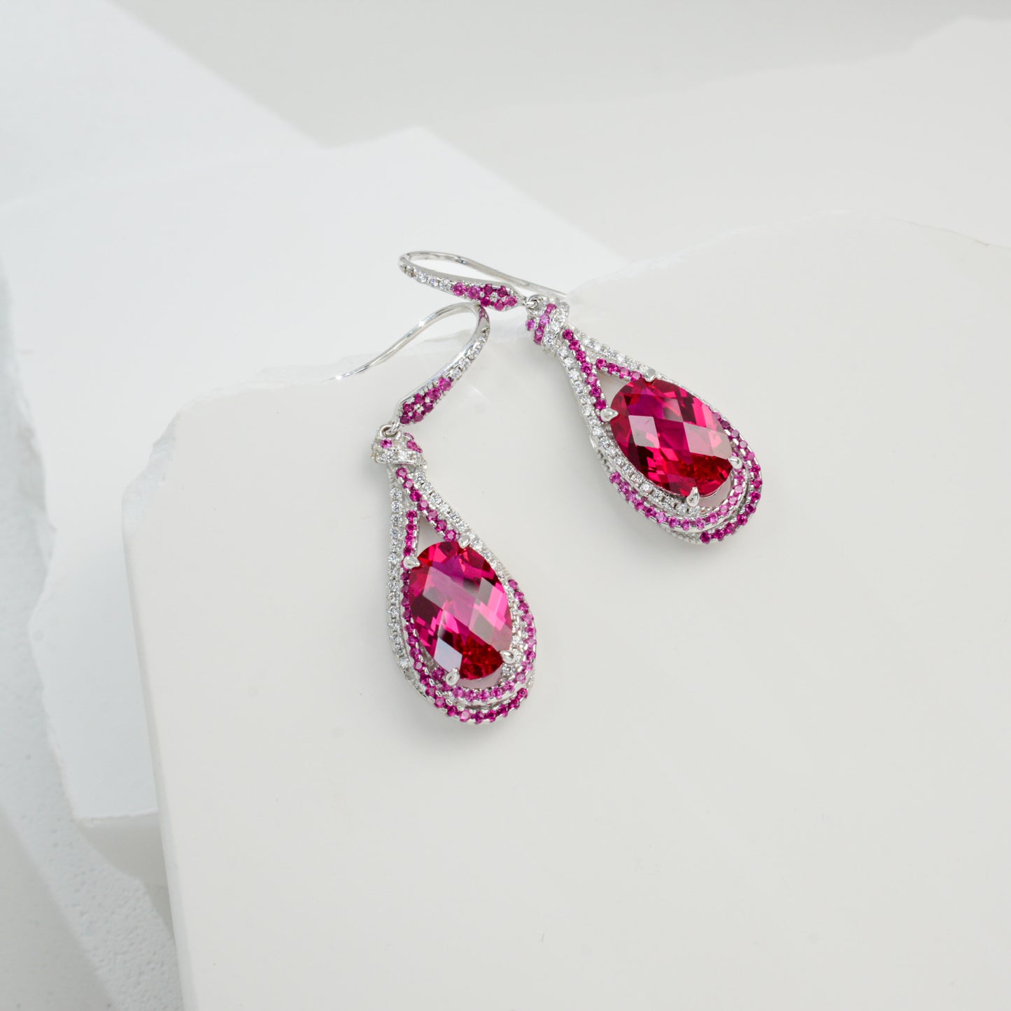 S925 Silver Ruby Colour Teardrop Hollow Drop Earrings, Vintage Premium Gift - Photo 4