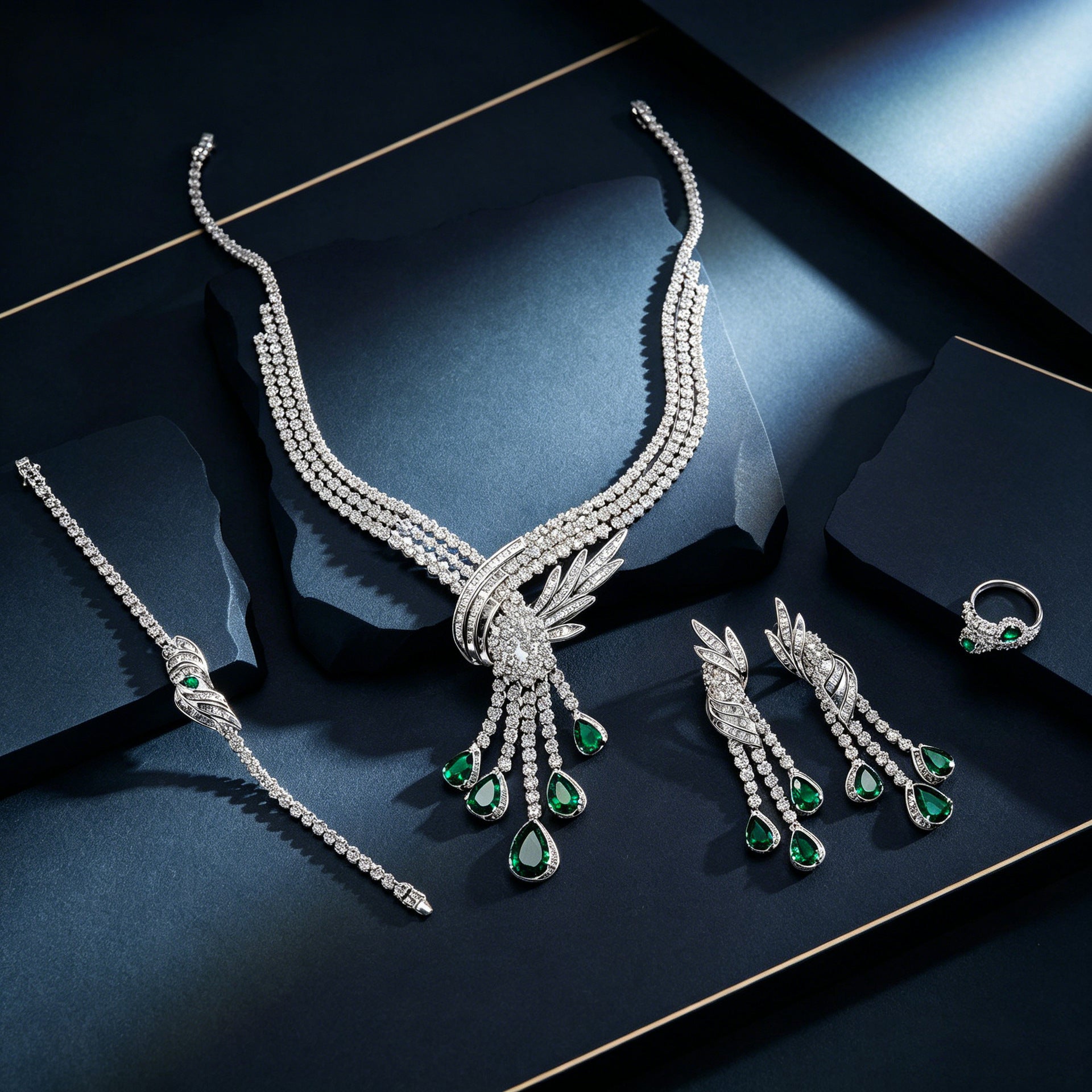 Lab Emerald Set S925, Luxurious Necklace Bracelet - Photo 2