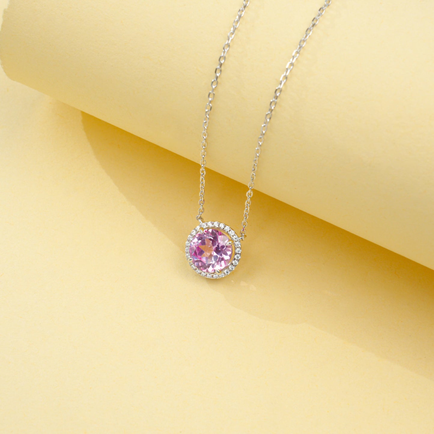S925 Silver Classic Lab Pink Sapphire Single-Halo Necklace, Gentle Anniversary Gift - Photo 3