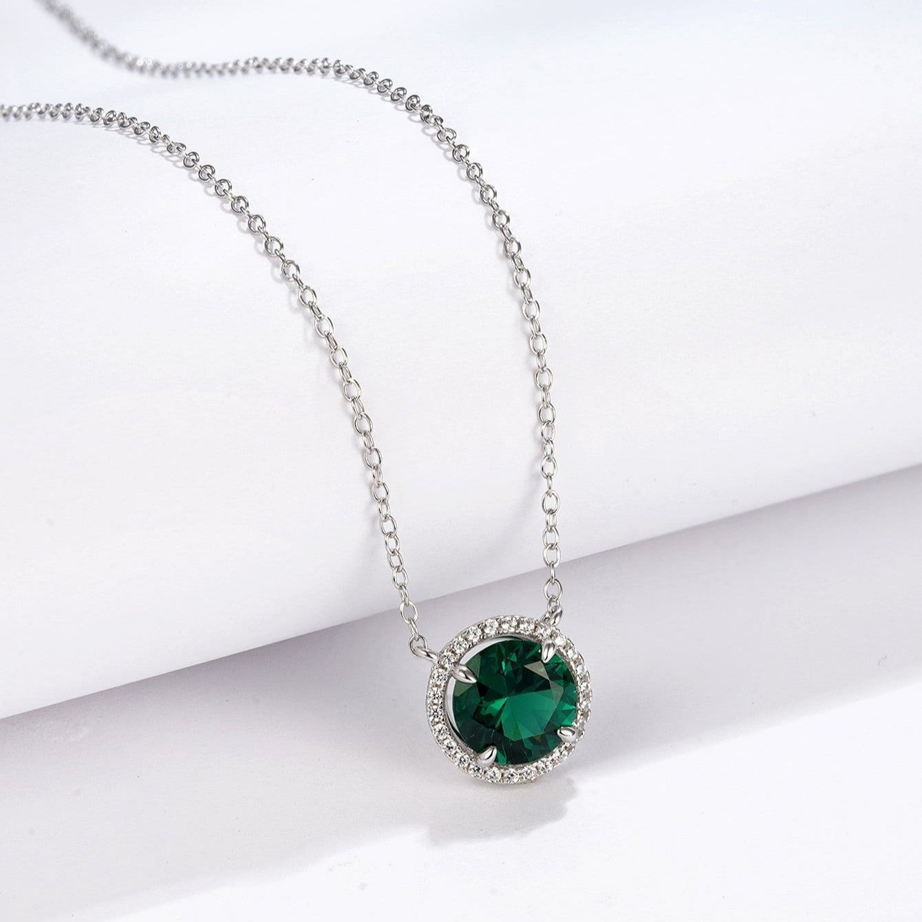 S925 Silver Round Diamond Halo Lab Emerald Pendant Necklace, Premium Holiday Gift - Photo 2