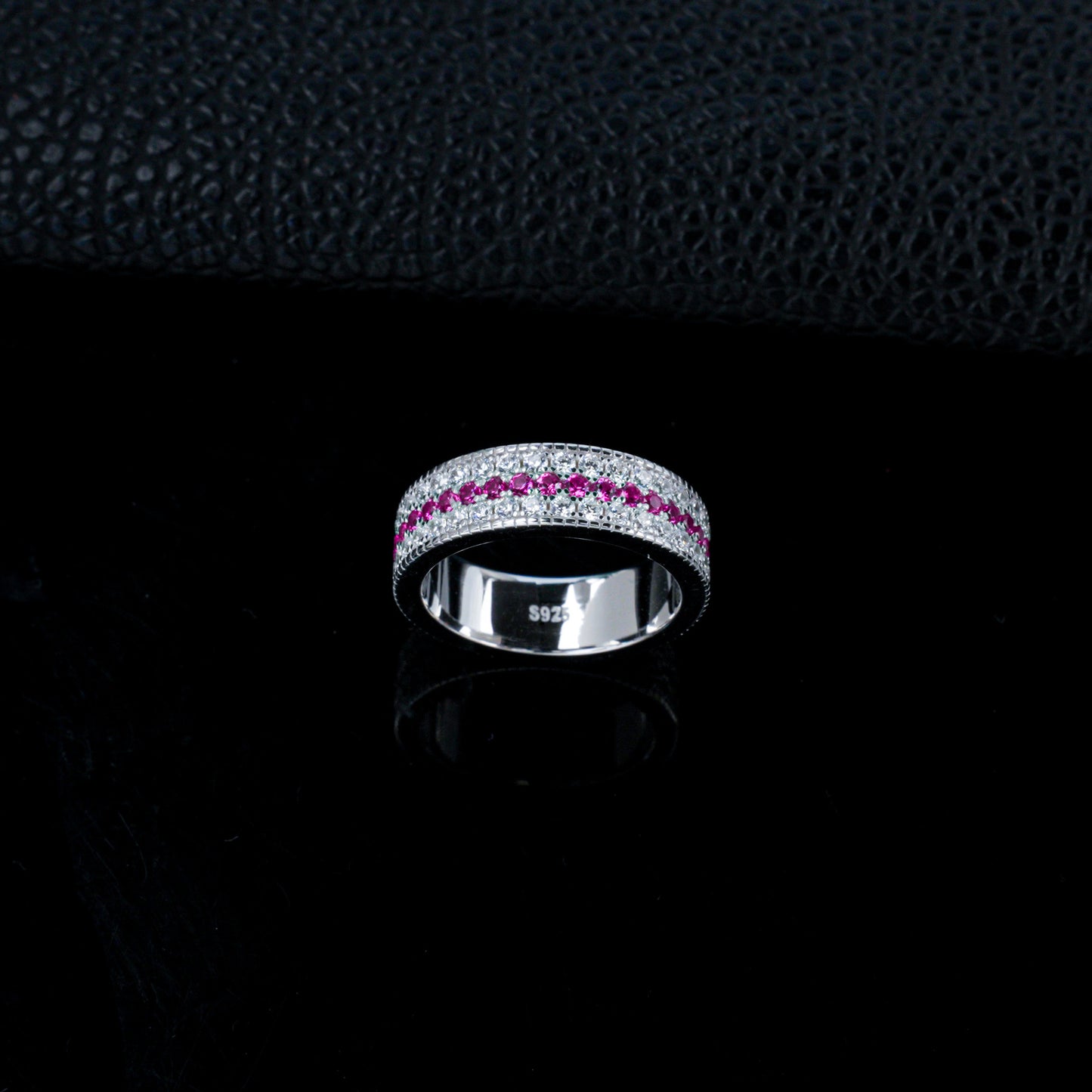 Lab Ruby Eternity Band S925 Silver Wide Full Double-Side Dense-Set, Couple - Photo 3