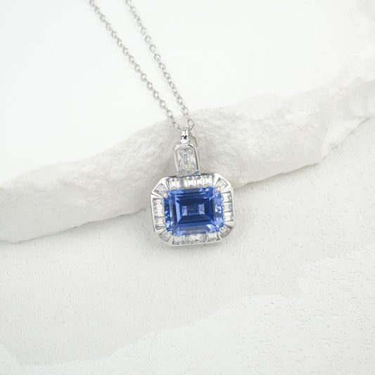 S925 Sterling Silver Cornflower Lab Sapphire Necklace, Premium Vintage Unique - Photo 5