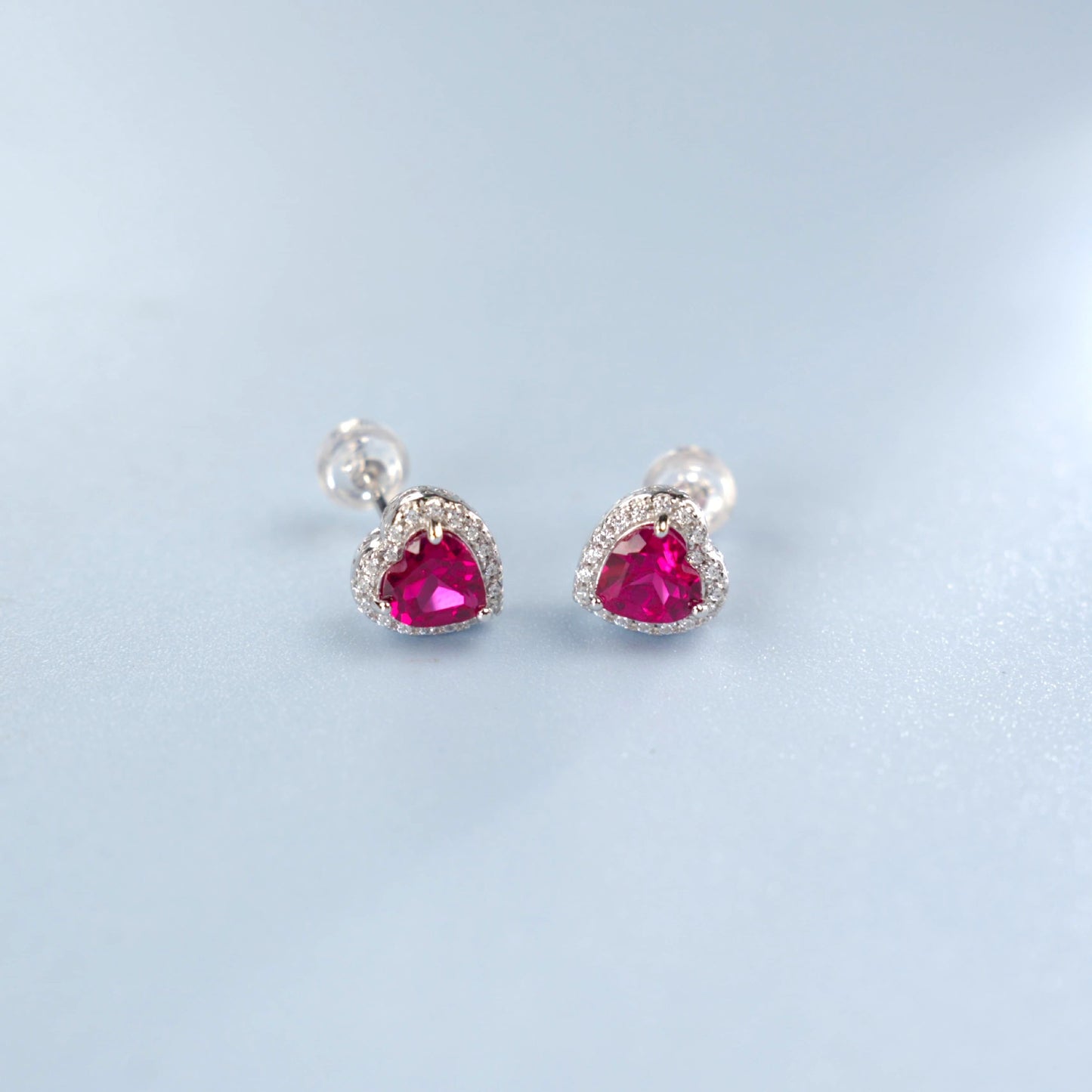 S925 Sterling Silver Lab Ruby Heart Halo Earrings, Date Versatile - Photo 2