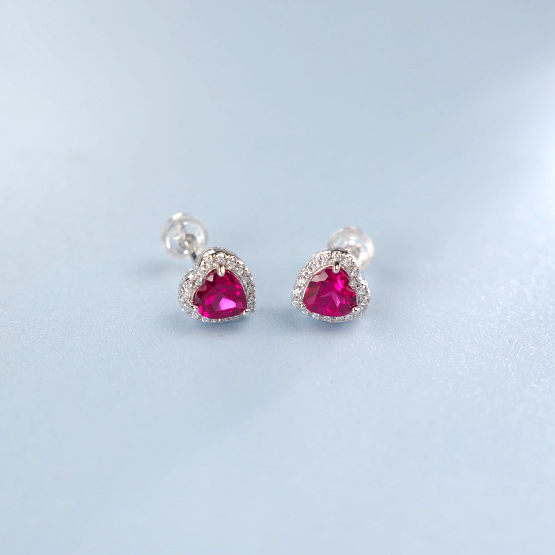 S925 Sterling Silver Lab Ruby Heart Halo Earrings, Date Versatile - Photo 2