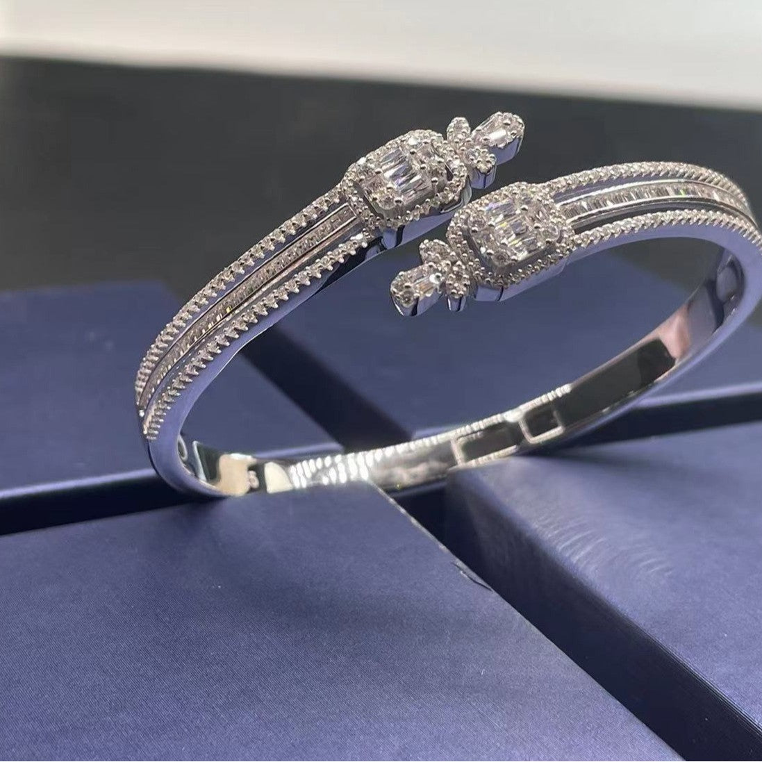 925 Sterling Silver Double-Ring Square Pave Bangle, Premium Delicate for Women - Photo 4