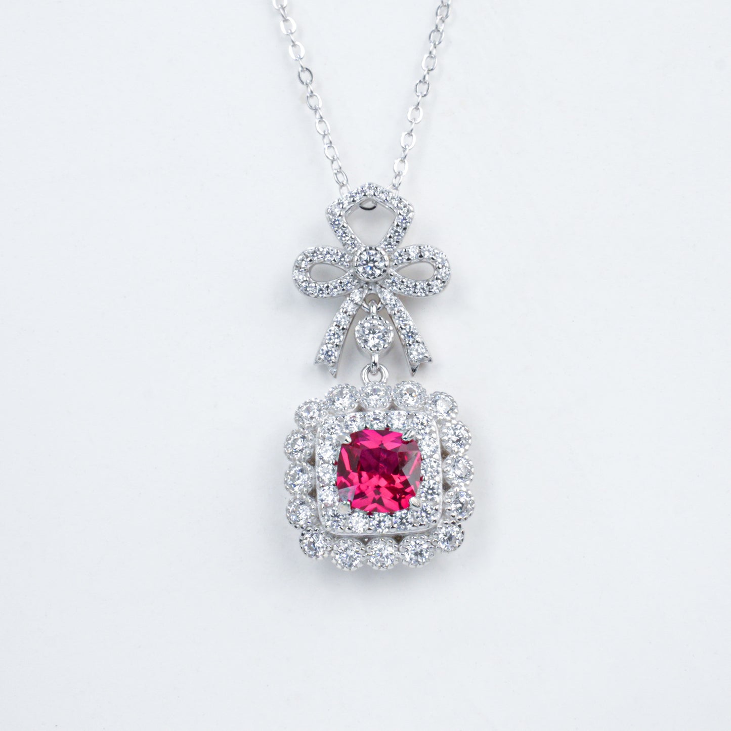 Lab Ruby Sugarloaf Pendant S925 Rhodium-Plated Bow, Choker Necklace - Photo 5
