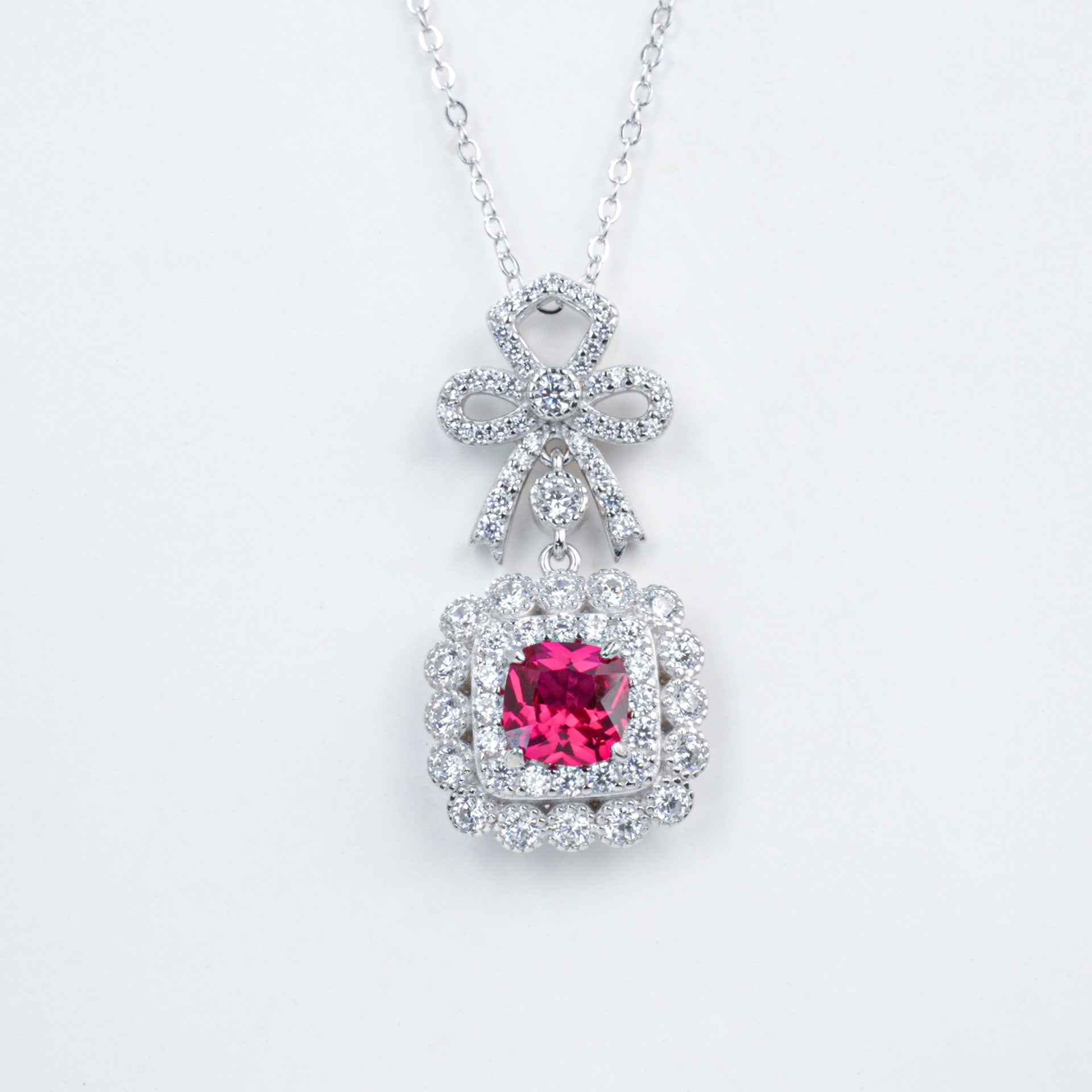 Lab Ruby Sugarloaf Pendant S925 Rhodium-Plated Bow, Choker Necklace - Photo 5
