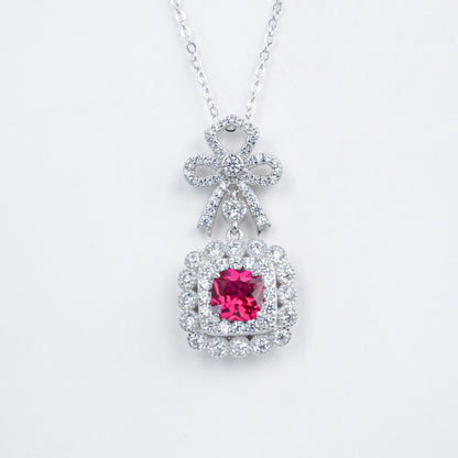 Lab Ruby Sugarloaf Pendant S925 Rhodium-Plated Bow, Choker Necklace - Photo 5