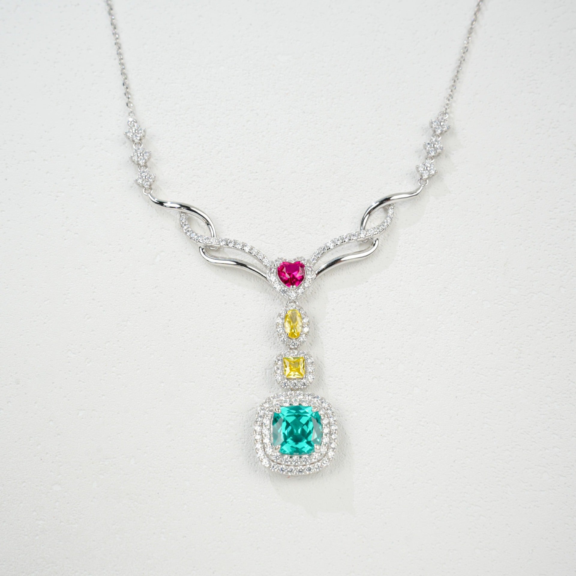 S925 Sterling Silver Emerald-Cut Gemstone Micro-Pave Pendant Choker Necklace, Versatile - Photo 2