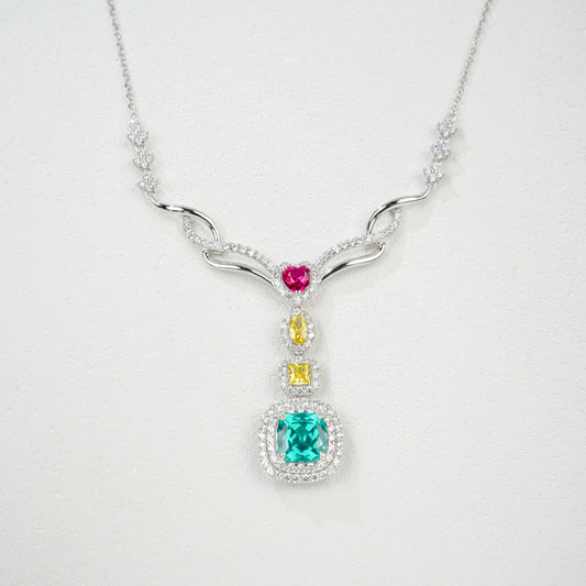 S925 Sterling Silver Emerald-Cut Gemstone Micro-Pave Pendant Choker Necklace, Versatile - Photo 2
