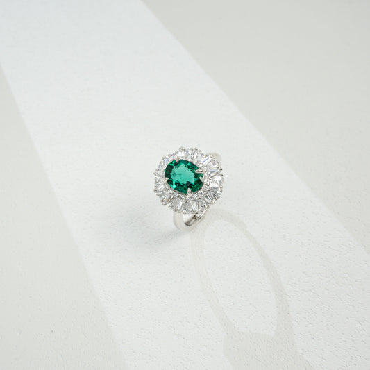 S925 Sterling Silver Lab Emerald Oval Halo Adjustable Open Ring, Vintage Versatile Gift - Photo 2