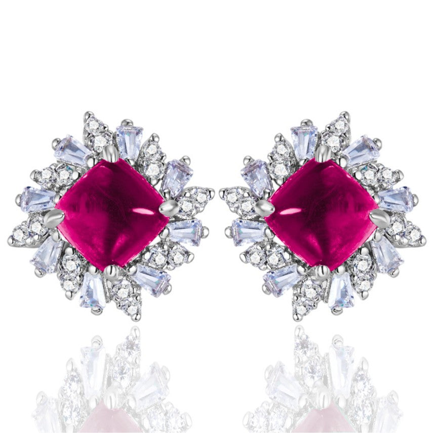 S925 Silver Sugarloaf-Cut Lab Pink Sapphire Stud Earrings, Sunflower Full Diamond - Photo 5