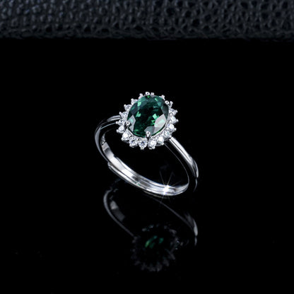 S925 Silver Oval Emerald Open Ring, Classic Halo Design - Photo 6