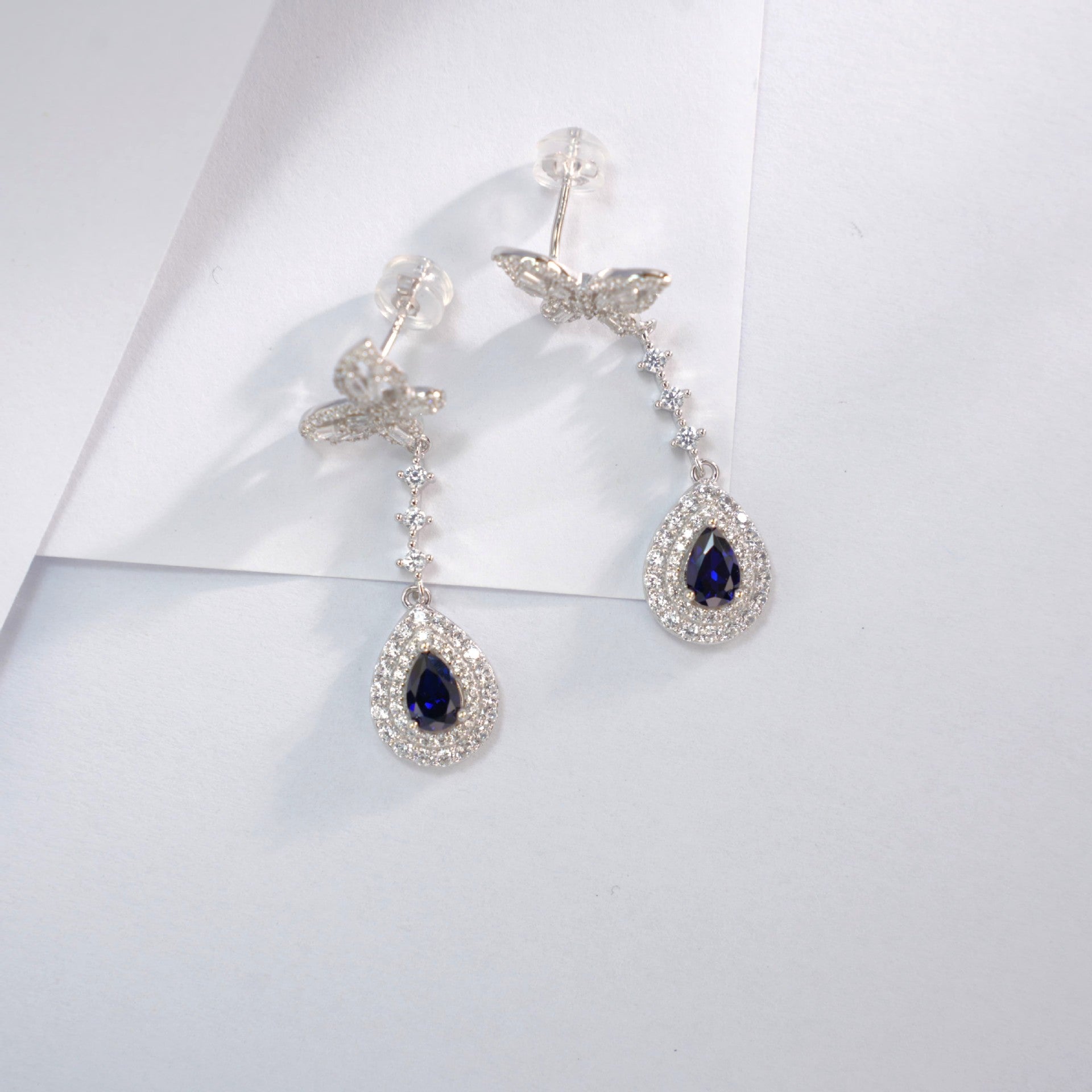 S925 Silver Teardrop Lab Sapphire Long Drop Halo Women's Earrings - Photo 2