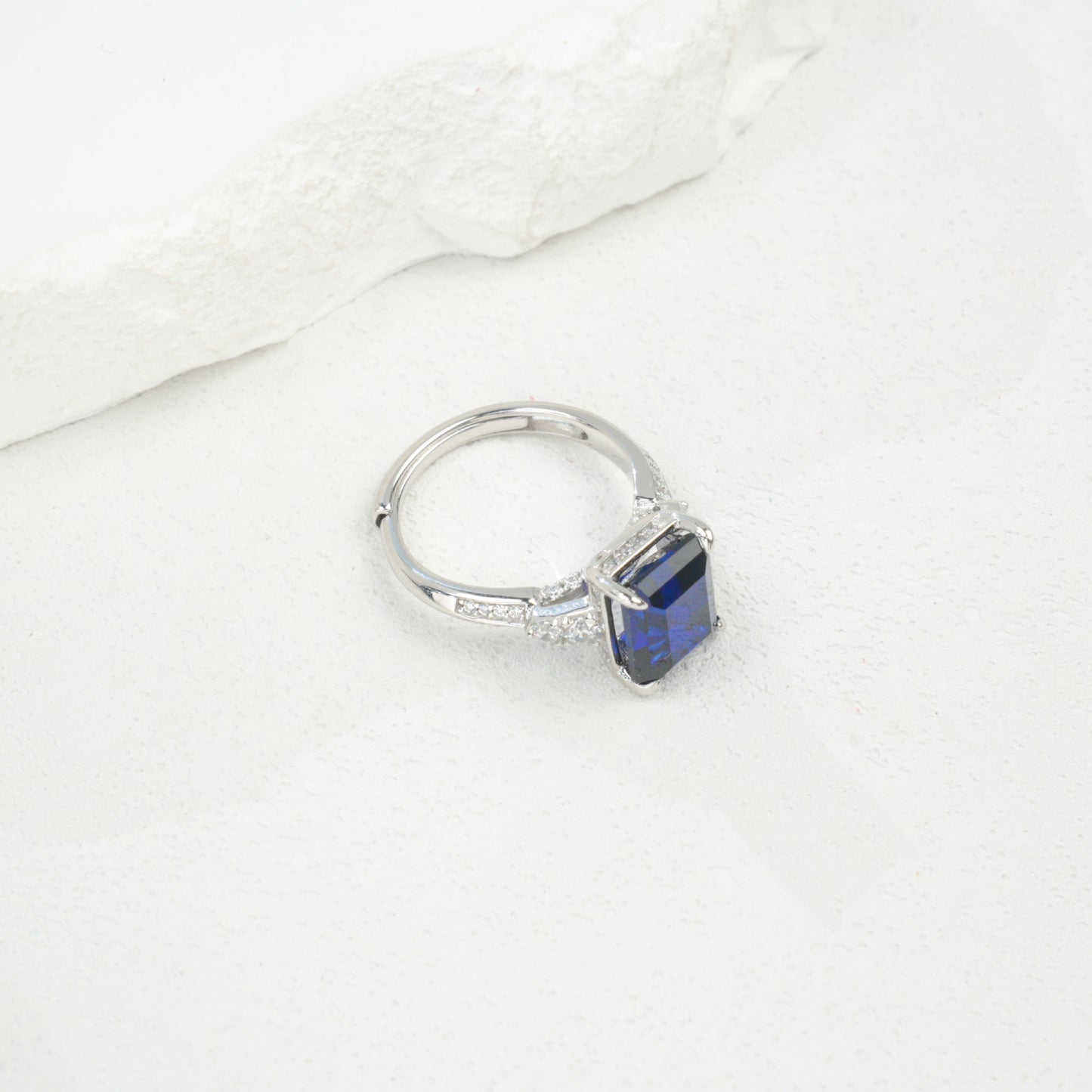 S925 Sterling Silver Lab Sapphire Ring 4-Claw Double-Side Full Diamond, Anniversary Versatile Elegant - Photo 4