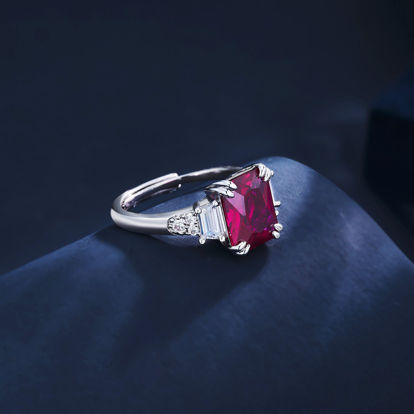 S925 Sterling Silver Lab Pigeon Blood Ruby Emerald-Cut Ring, Premium for Women - Photo 3