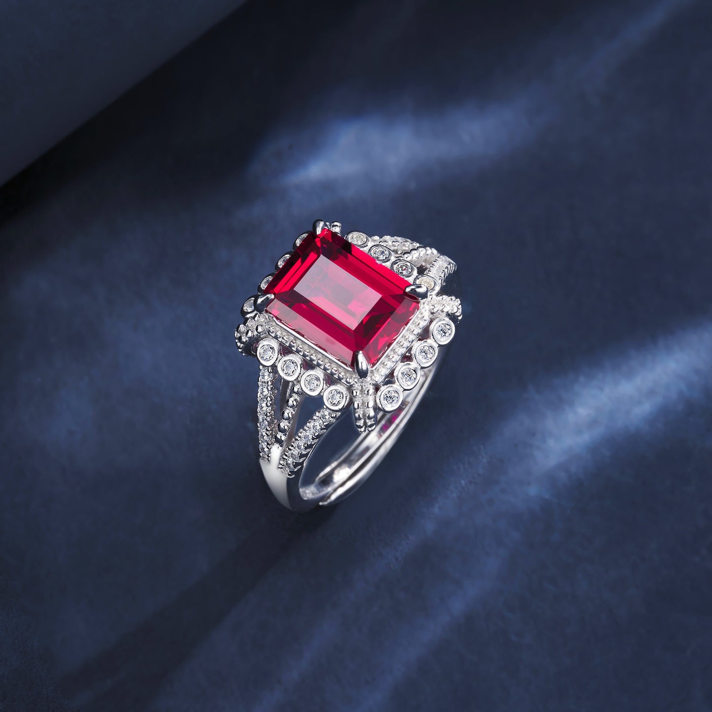 S925 Sterling Silver Lab Ruby Square Hollow Double-Row Palace Ring, Engagement Gift - Photo 3