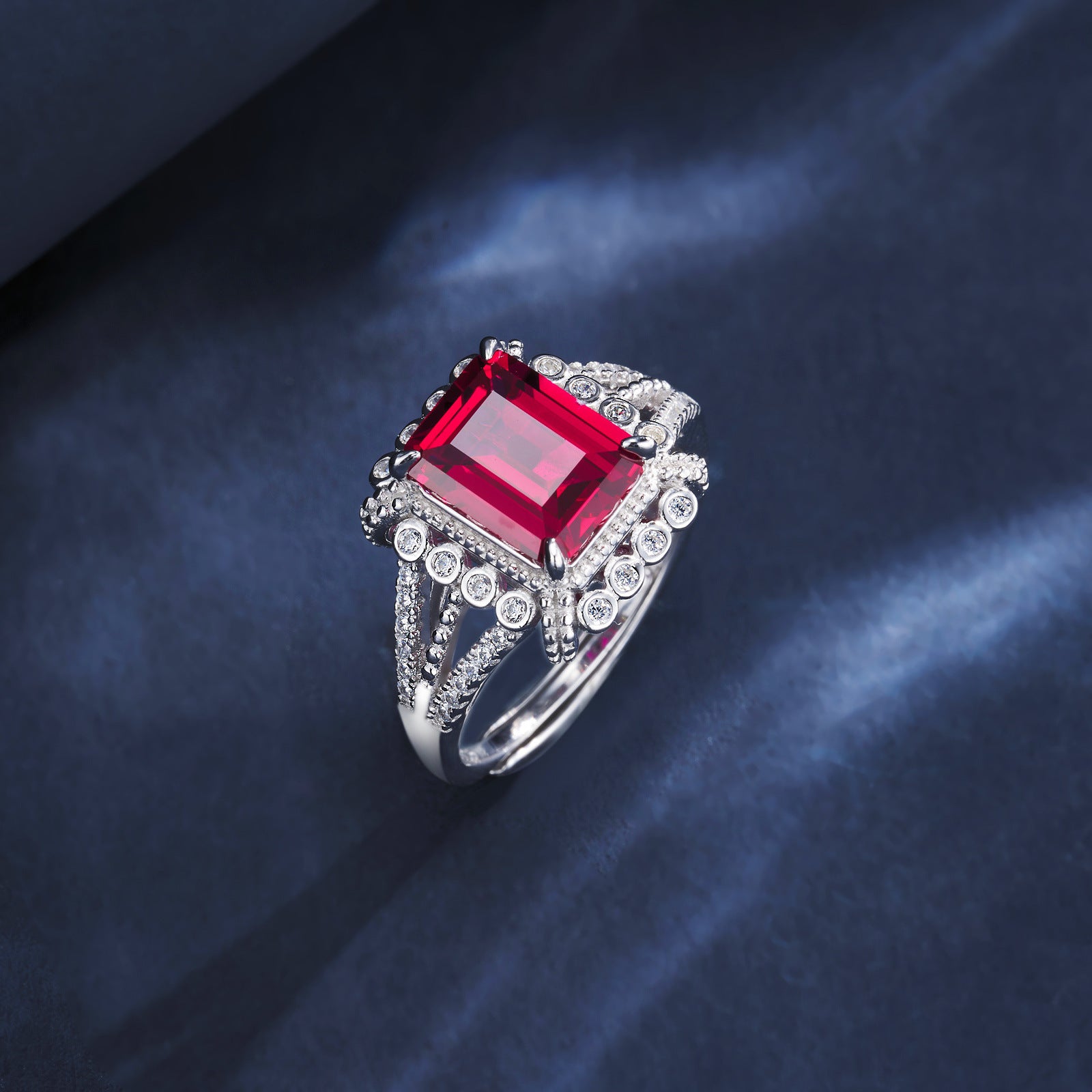 S925 Sterling Silver Lab Ruby Square Hollow Double-Row Palace Ring, Engagement Gift - Photo 3