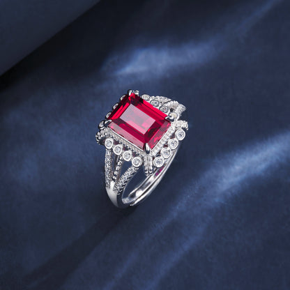 S925 Sterling Silver Lab Ruby Square Hollow Double-Row Palace Ring, Engagement Gift - Photo 3