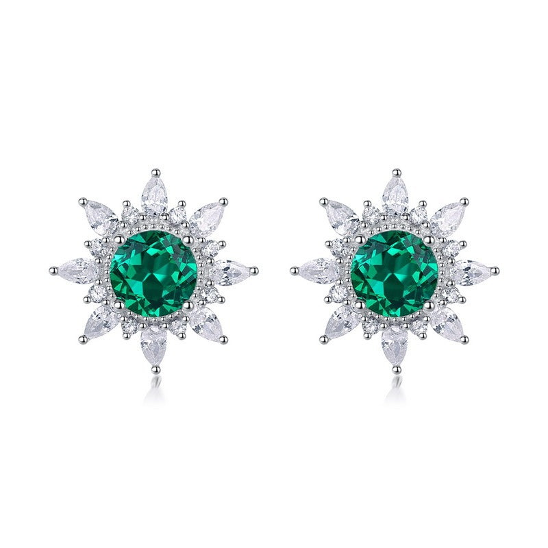 925 Sterling Silver Lab Emerald Sunflower Halo Earrings, Vintage Gift - Photo 5