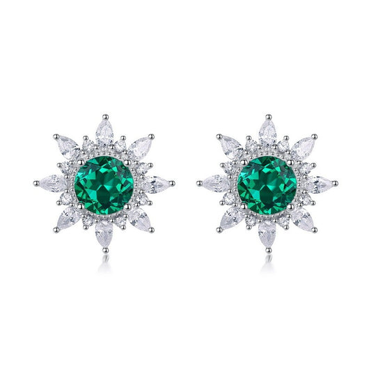 925 Sterling Silver Lab Emerald Sunflower Halo Earrings, Vintage Gift - Photo 5