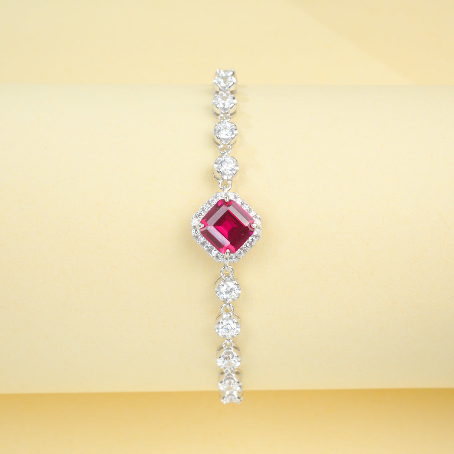 S925 Sterling Silver Lab Ruby Pave Halo Bracelet - Photo 3