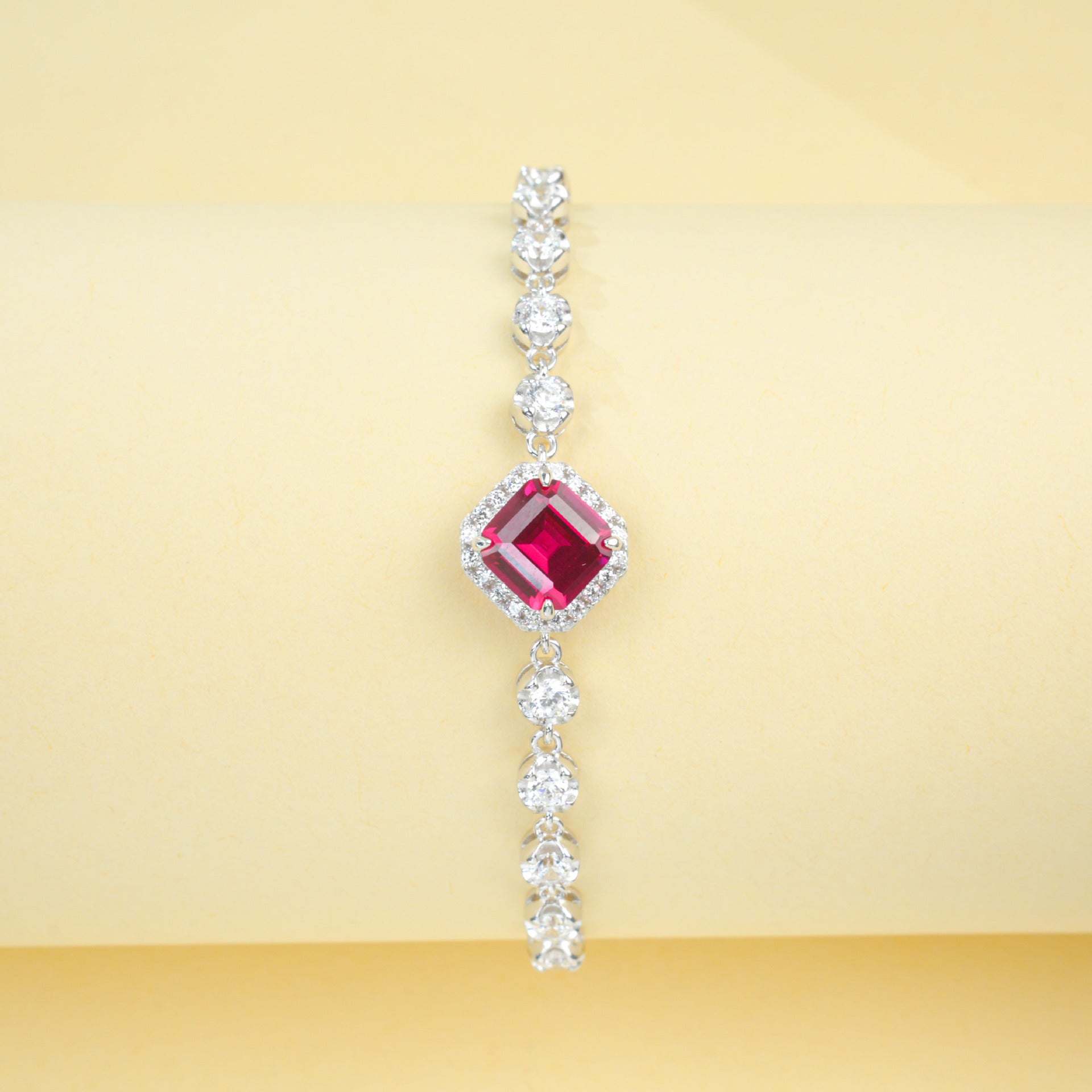 S925 Sterling Silver Lab Ruby Pave Halo Bracelet - Photo 3
