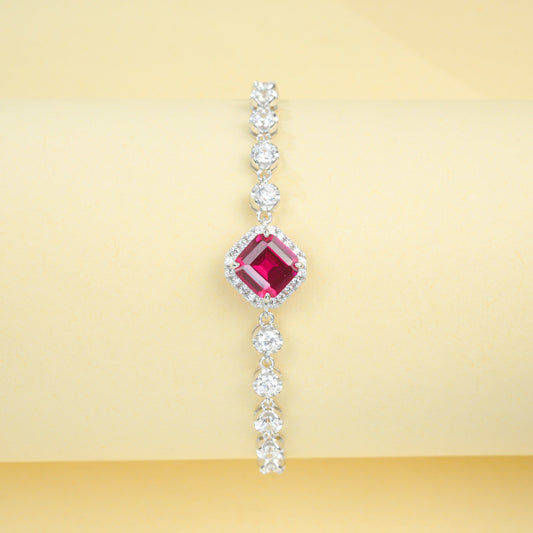 S925 Sterling Silver Lab Ruby Pave Halo Bracelet - Photo 3