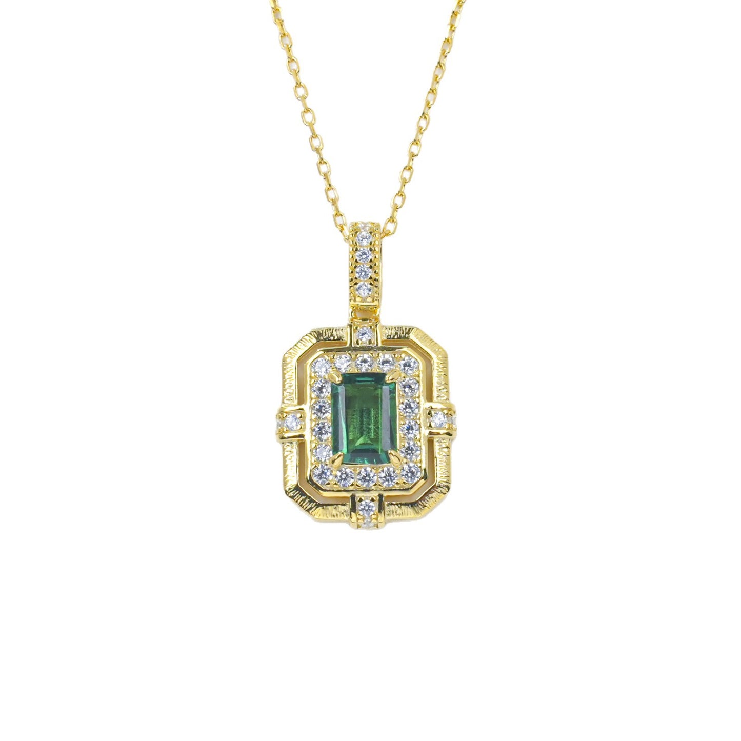 Vintage 925 Silver Step-Cut Emerald Full Diamond Halo Necklace, Evening Gift - Photo 5
