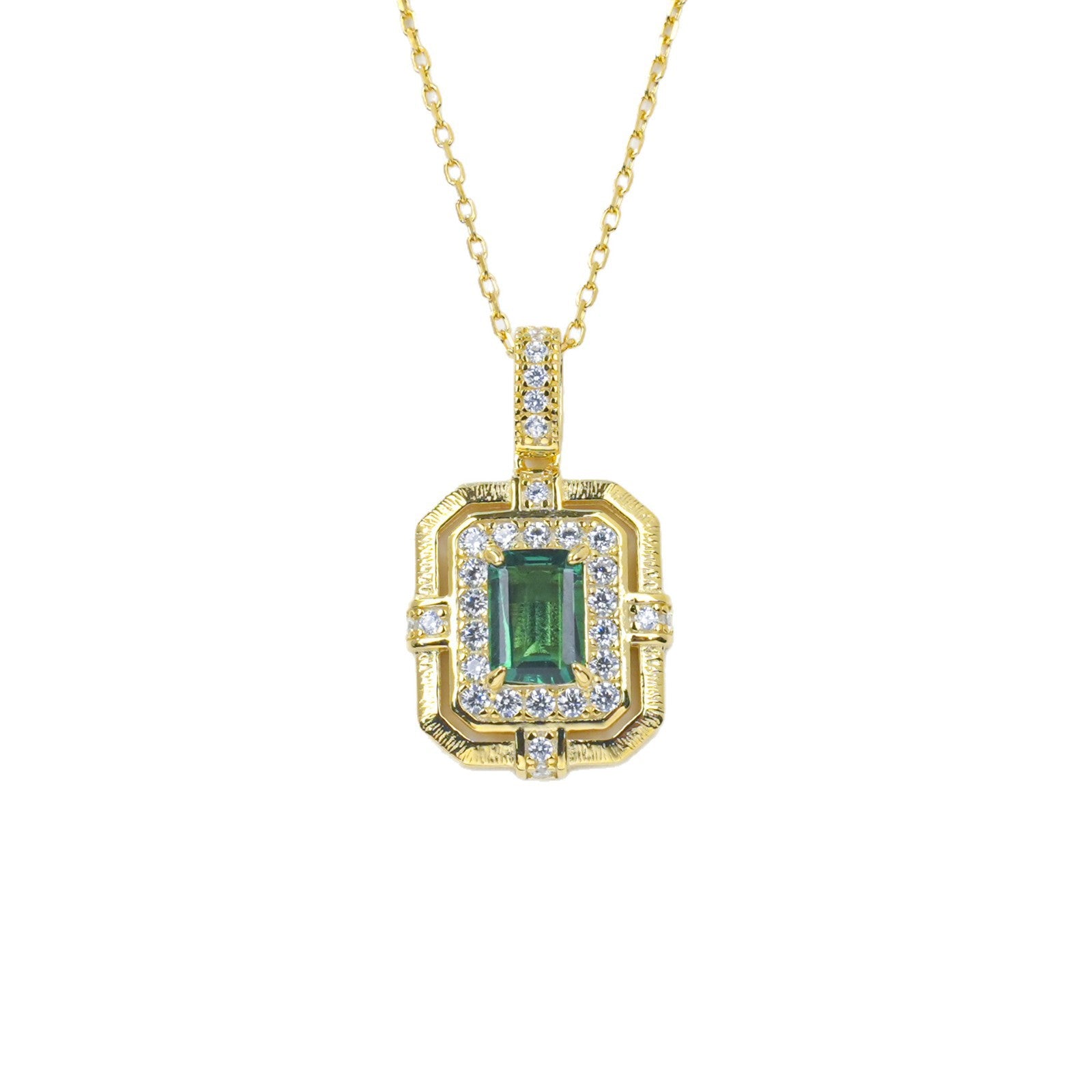 Vintage 925 Silver Step-Cut Emerald Full Diamond Halo Necklace, Evening Gift - Photo 5