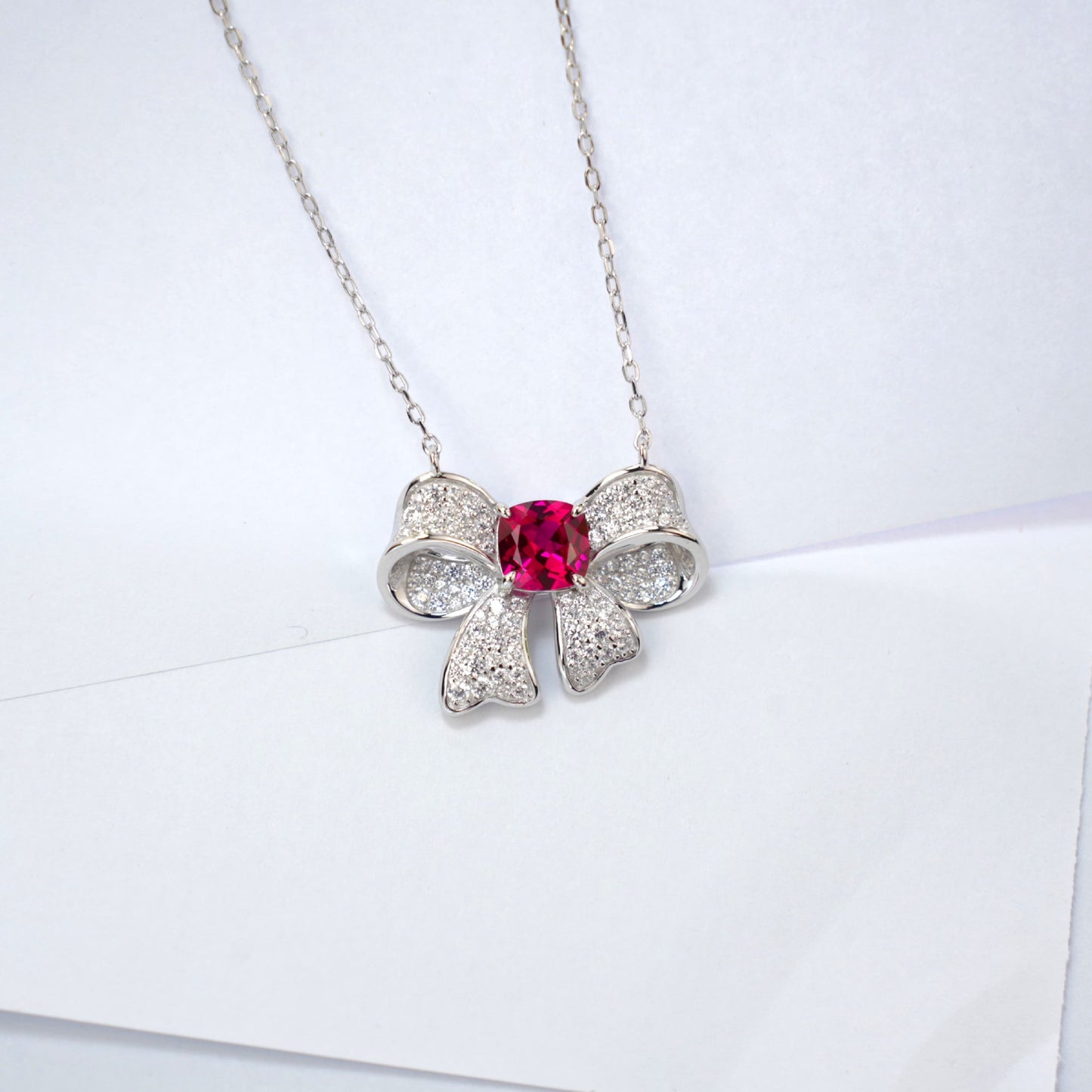 S925 Sterling Silver Lab Ruby Bow Full Diamond Choker, Versatile - Photo 2