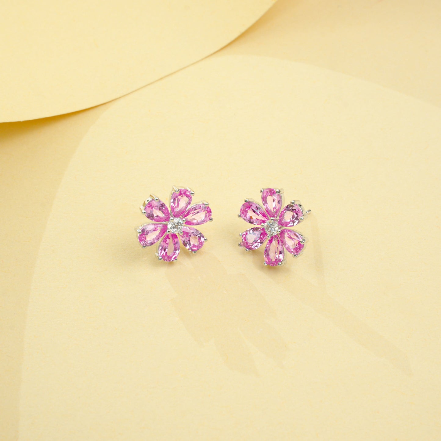 S925 Sterling Silver Lab Padparadscha Six-Petal Cherry Blossom Stud Earrings - Photo 3