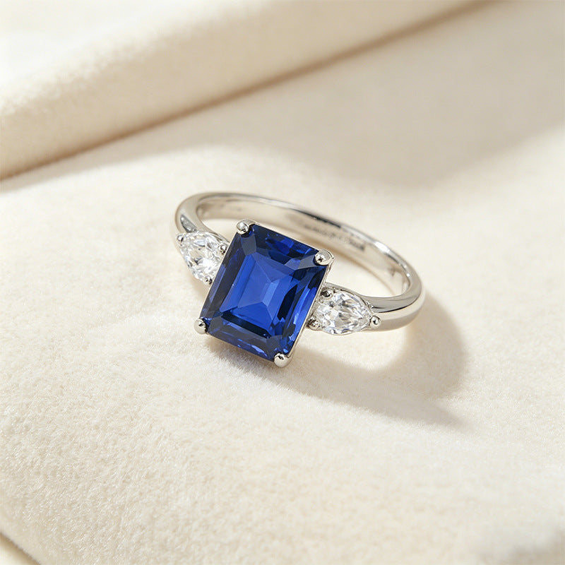 925 Sterling Silver Lab Sapphire Three-Stone Closed Ring, Vintage Premium - Photo 2