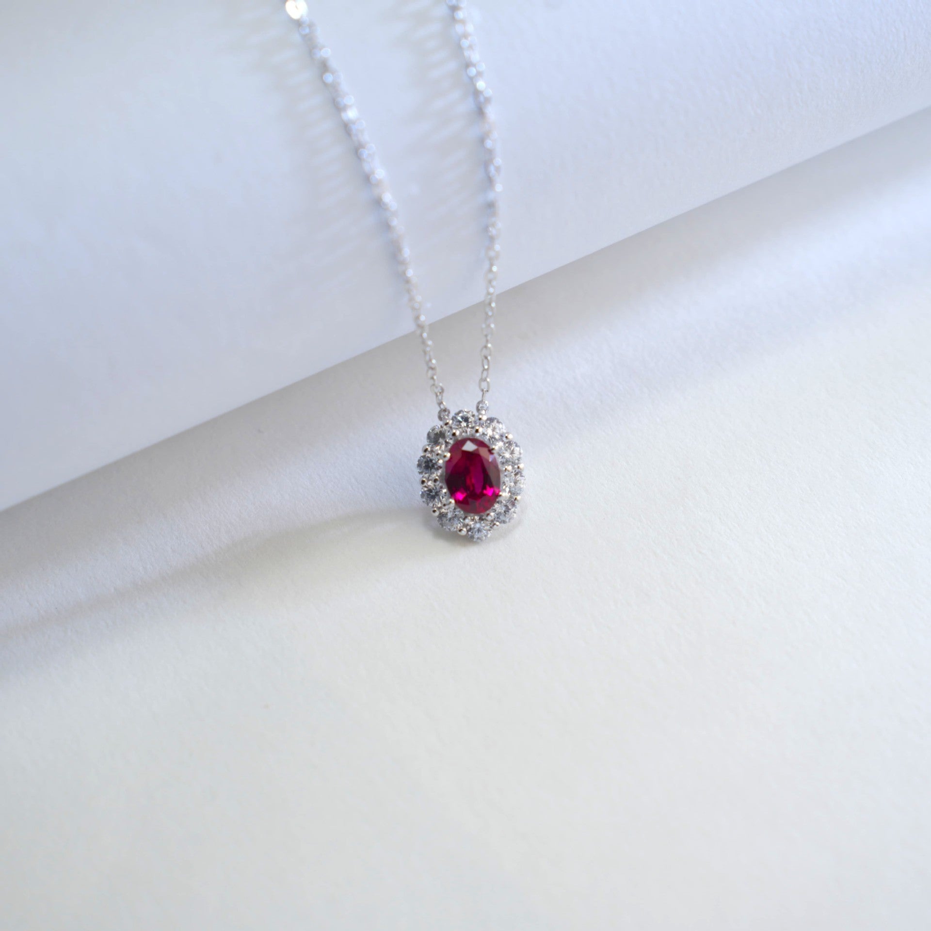 S925 Sterling Silver Lab Pigeon Blood Ruby Halo Pendant Necklace, for Women - Photo 4