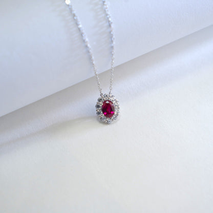 S925 Sterling Silver Lab Pigeon Blood Ruby Halo Pendant Necklace, for Women - Photo 4