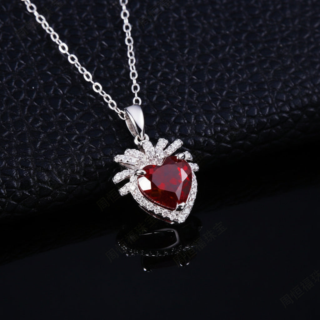 Pigeon Blood Ruby Heart Pendant Necklace S925 Silver, Unique Gift Premium - Photo 2