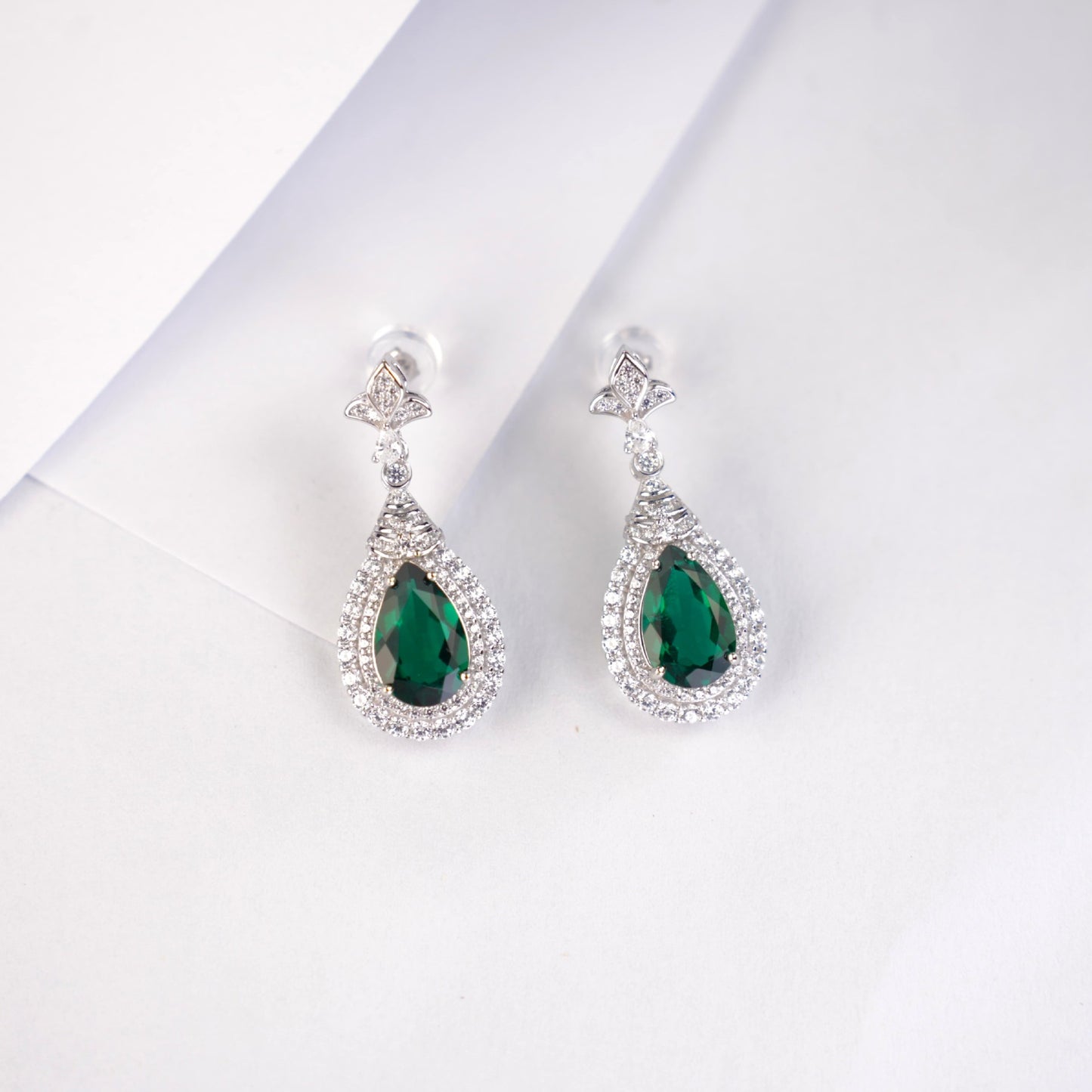 S925 Sterling Silver Lab Emerald Stud Earrings, Teardrop Sparkling Diamond - Photo 4