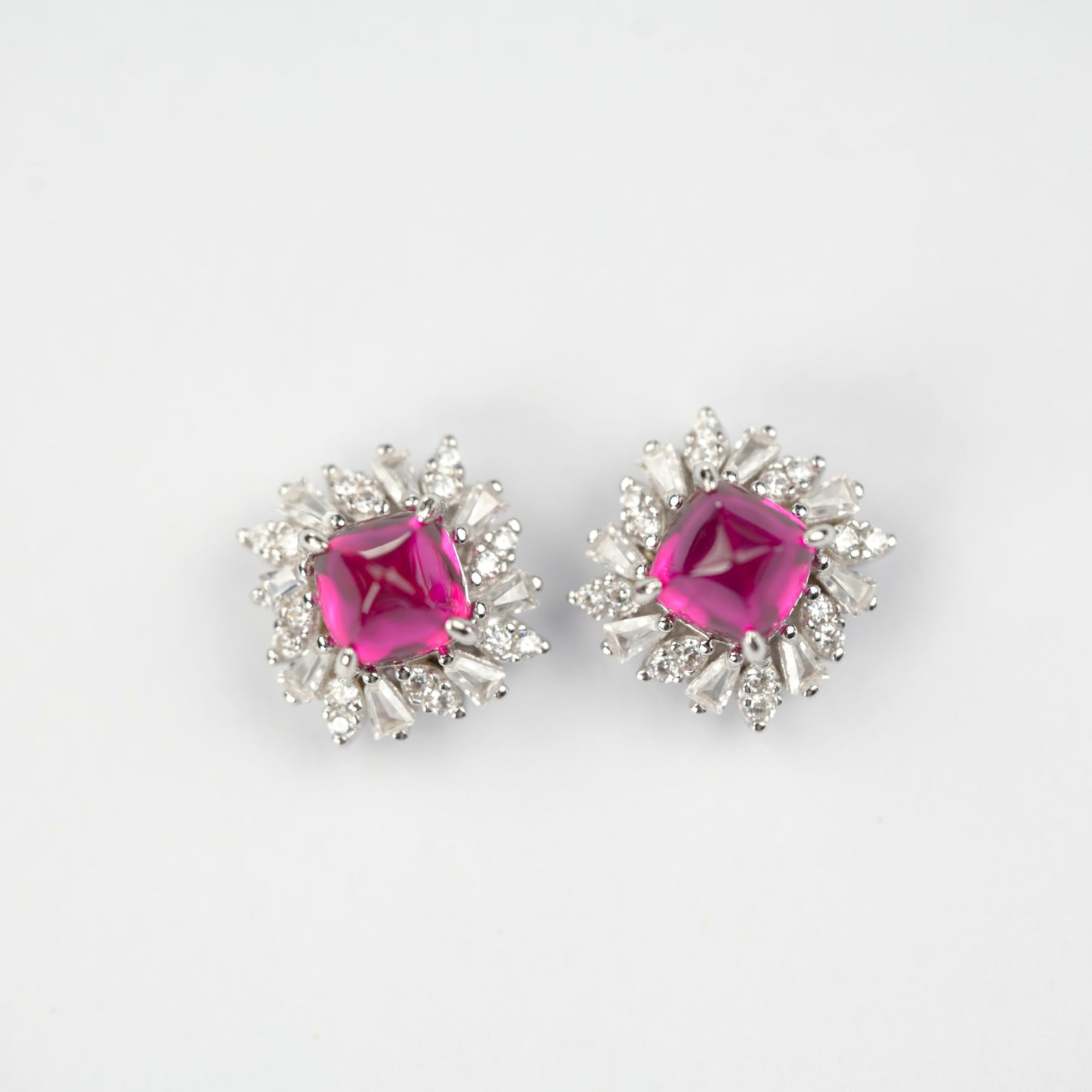 S925 Silver Sugarloaf-Cut Lab Pink Sapphire Stud Earrings, Sunflower Full Diamond - Photo 2