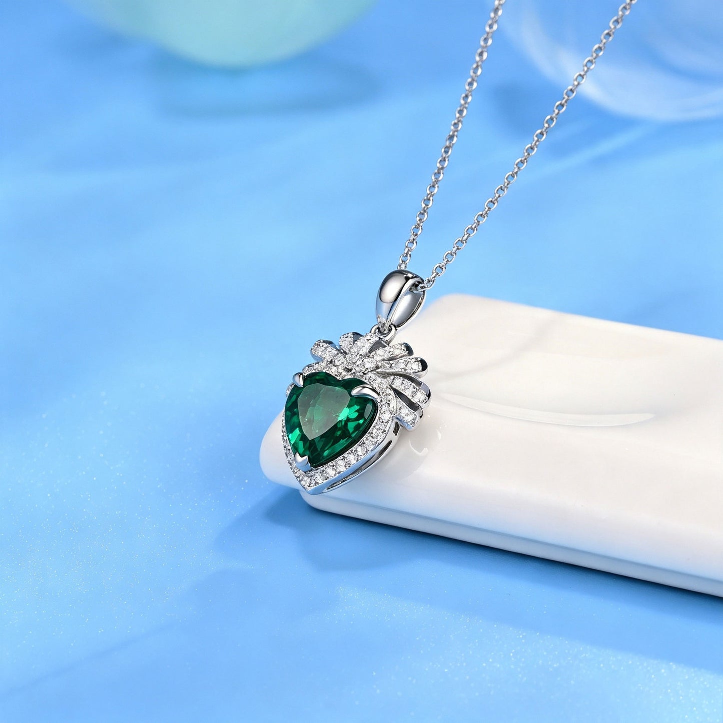 Lab Emerald Necklace S925 Silver Heart 3-Claw Diamond Cluster Love Halo, Valentine - Photo 4
