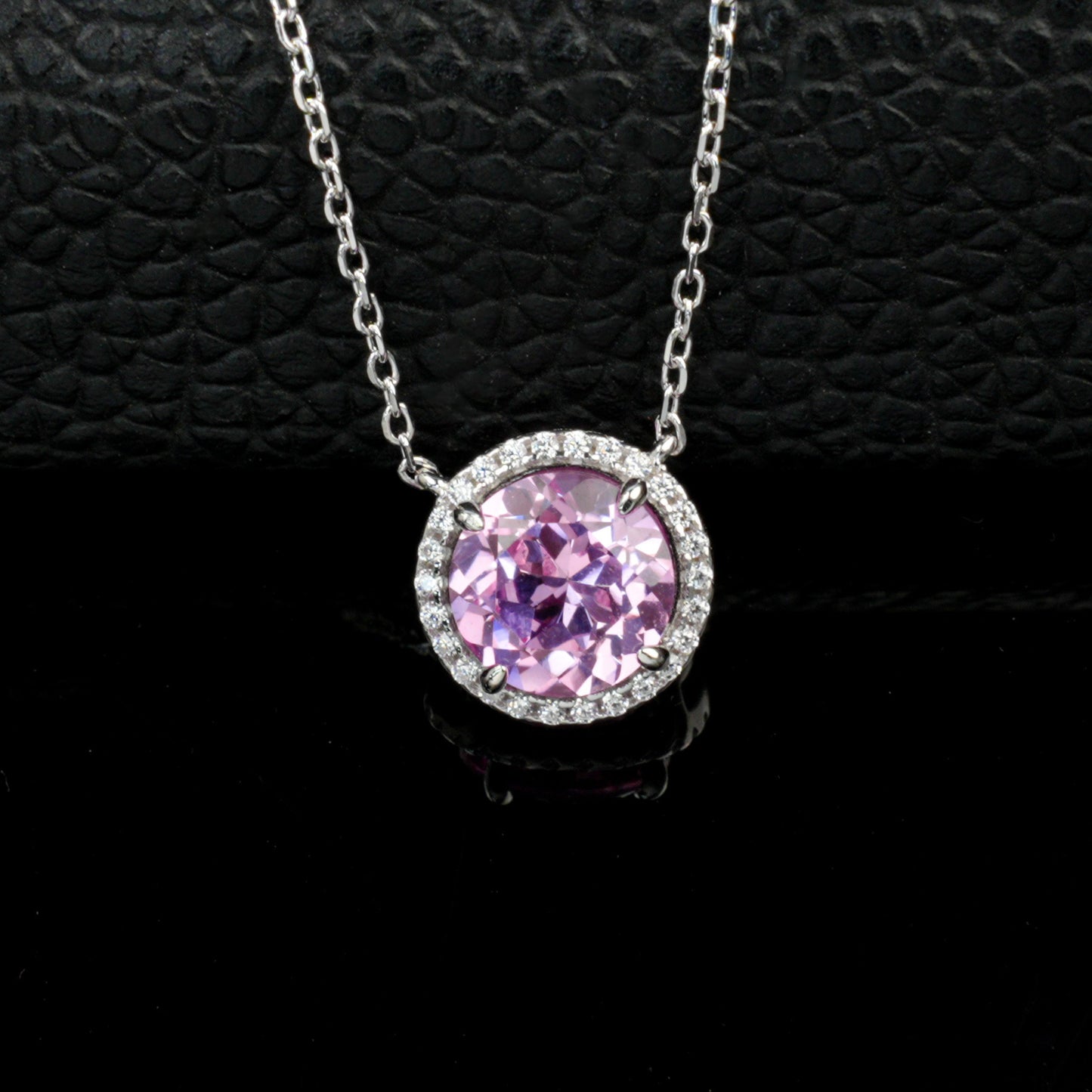 S925 Silver Classic Lab Pink Sapphire Single-Halo Necklace, Gentle Anniversary Gift - Photo 6