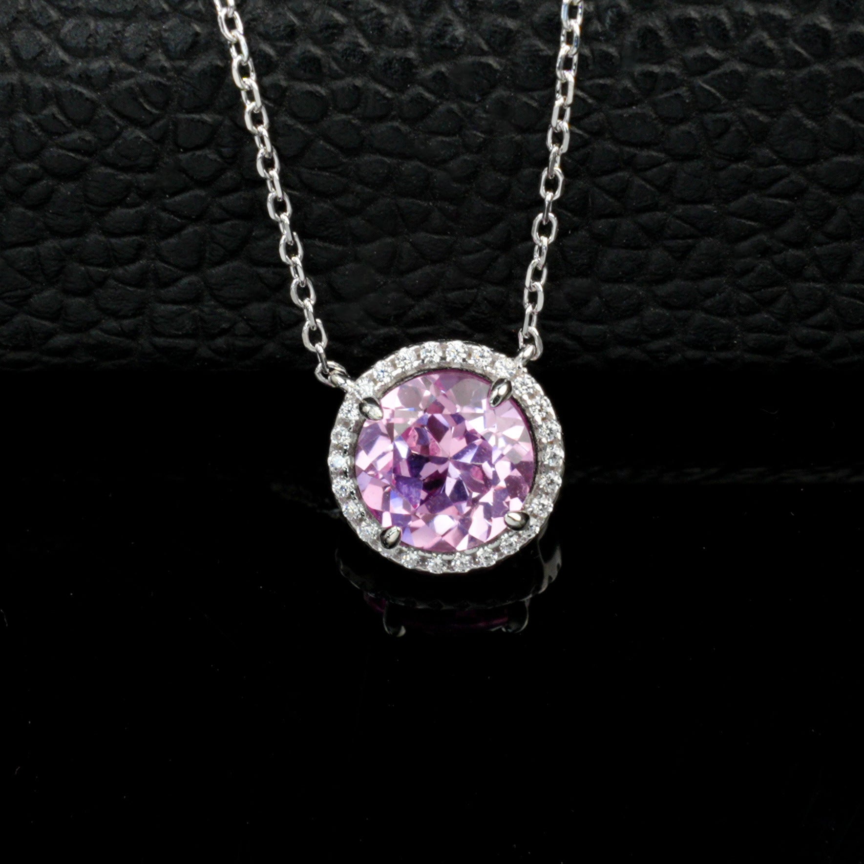 S925 Silver Classic Lab Pink Sapphire Single-Halo Necklace, Gentle Anniversary Gift - Photo 6