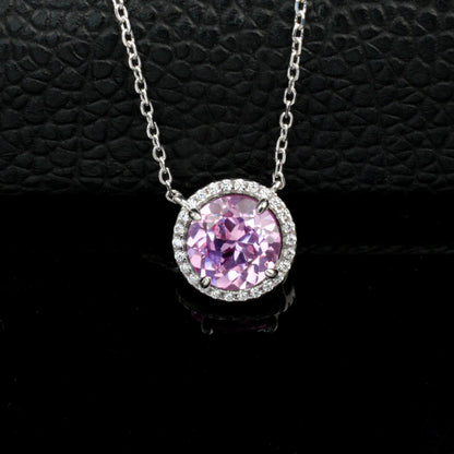 S925 Silver Classic Lab Pink Sapphire Single-Halo Necklace, Gentle Anniversary Gift - Photo 6
