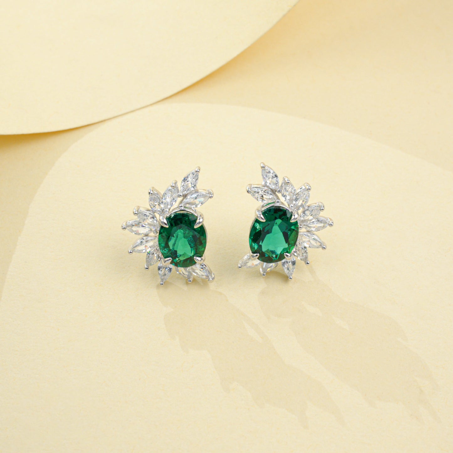 S925 Silver Oval Lab Emerald Sunflower Stud Earrings, Premium Evening - Photo 4
