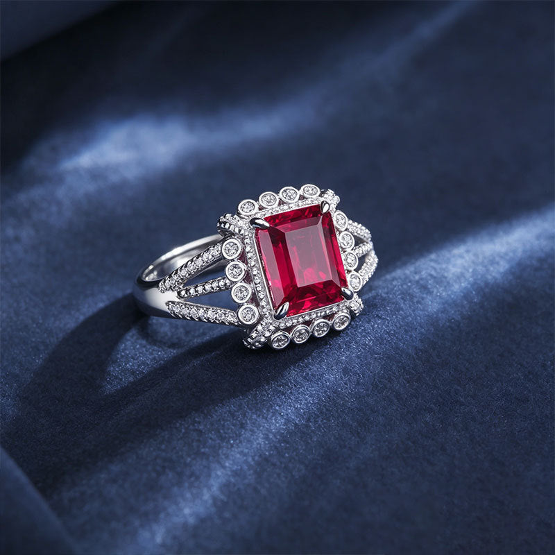 S925 Sterling Silver Lab Ruby Square Hollow Double-Row Palace Ring, Engagement Gift - Photo 4