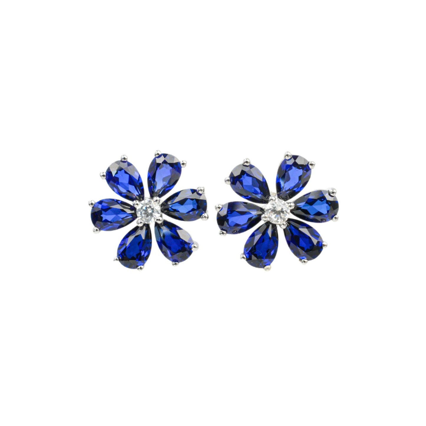 S925 Silver Petal Lab Sapphire Stud Earrings, Teardrop Gemstone Flower - Photo 5