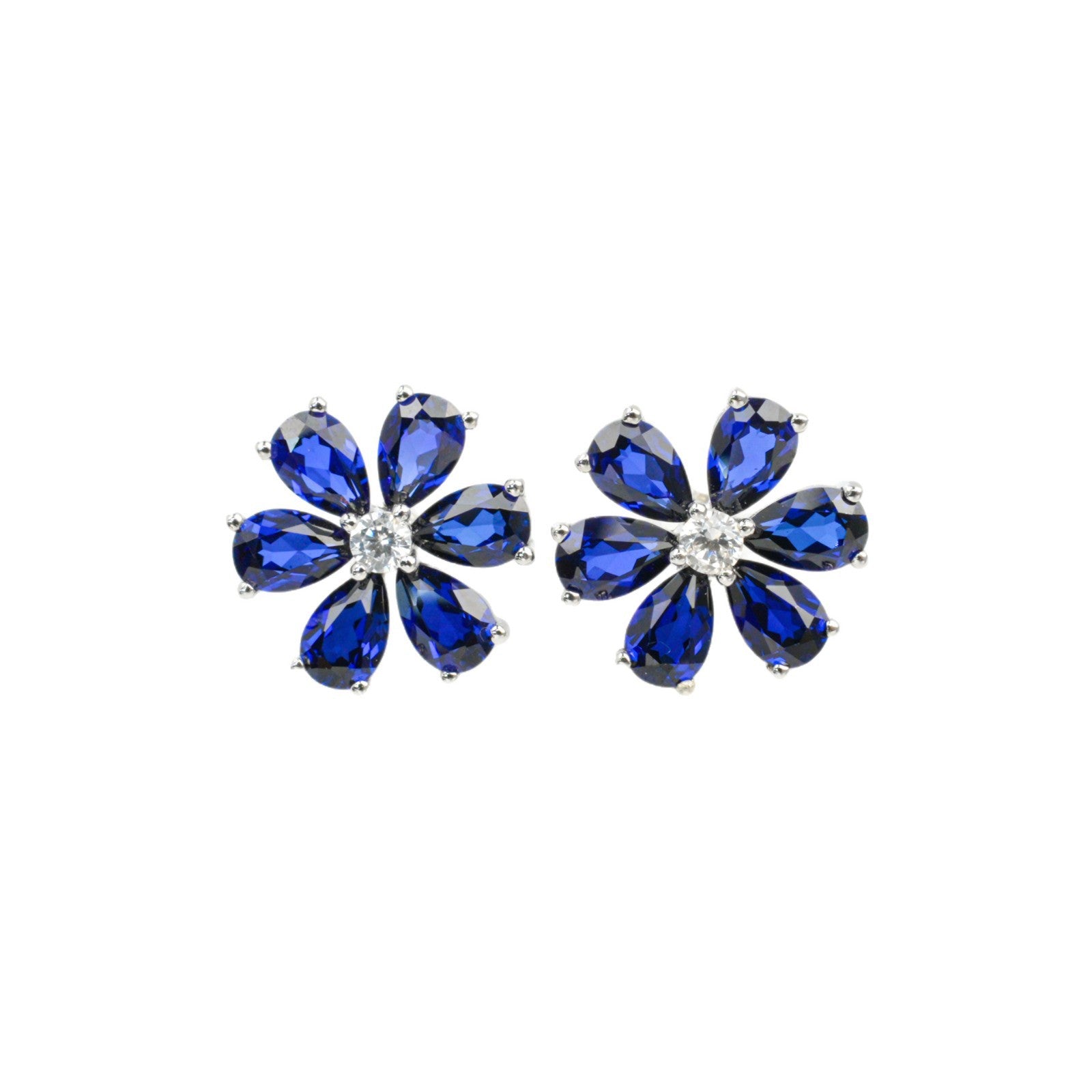 S925 Silver Petal Lab Sapphire Stud Earrings, Teardrop Gemstone Flower - Photo 5