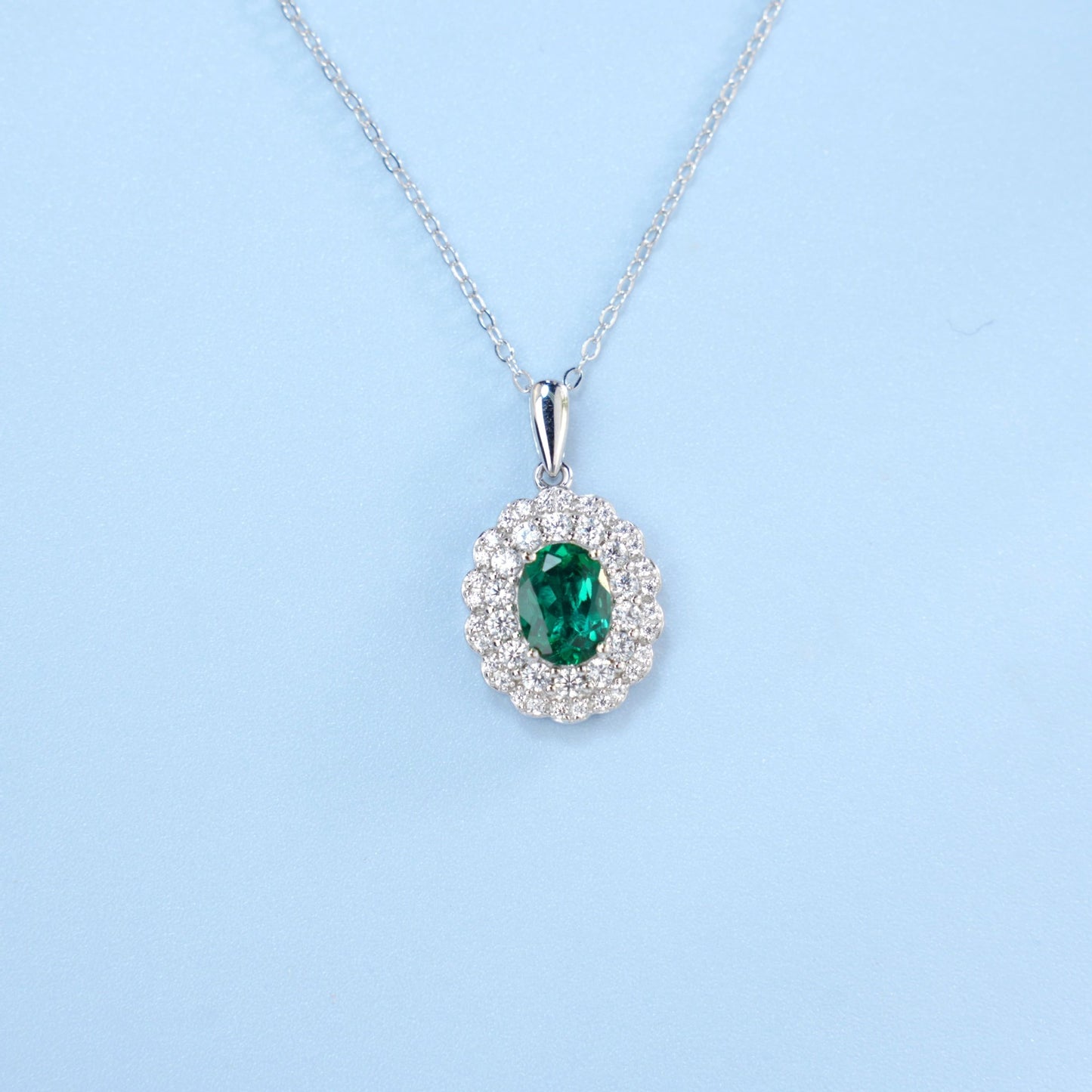 S925 Sterling Silver Oval Lab Emerald Pendant Necklace, Vintage Designer Premium for Women - Photo 2