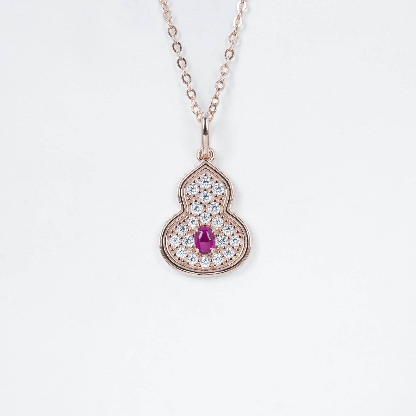 S925 Silver Rose Gold Lab Ruby Gourd Necklace, Style Full Diamond - Photo 6