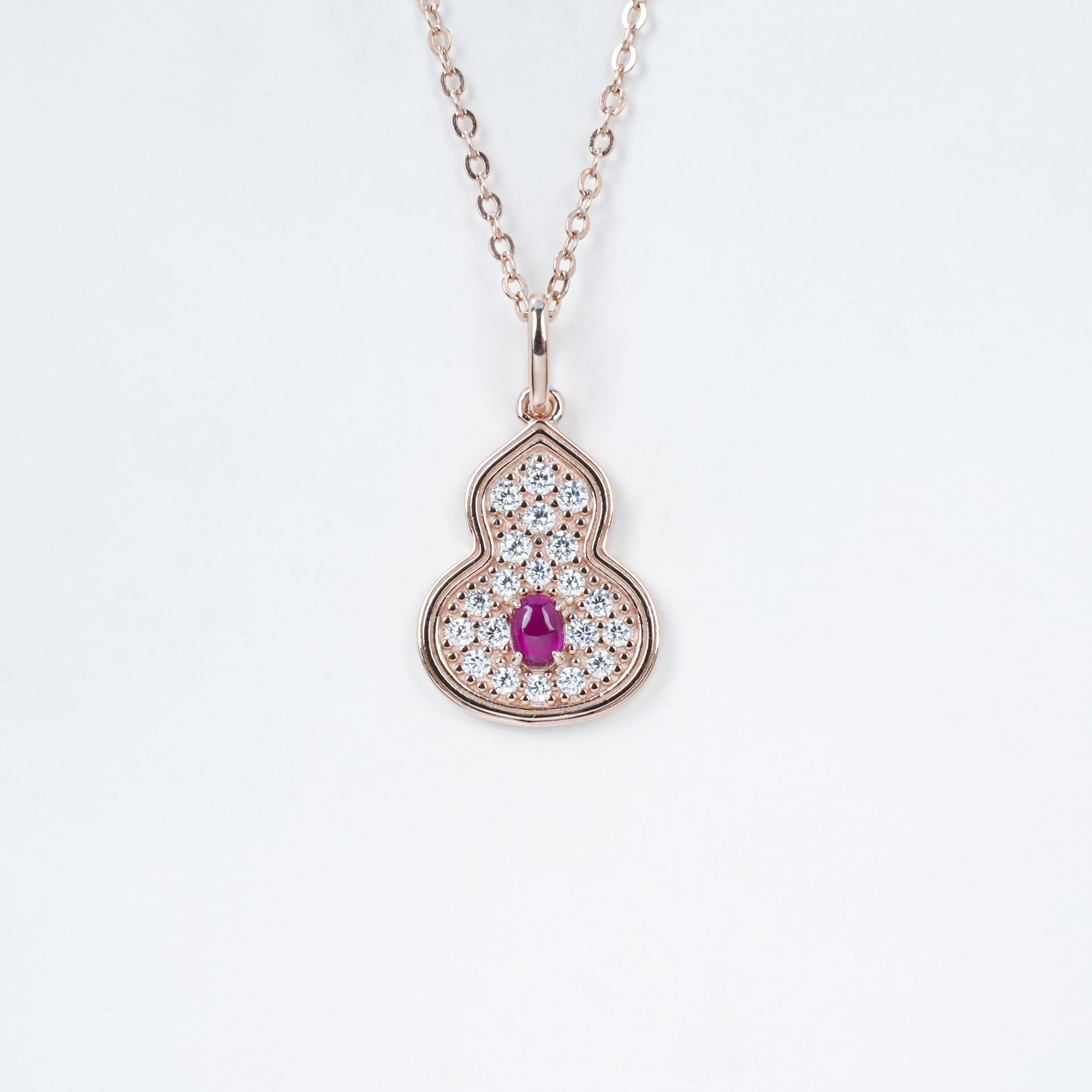 S925 Silver Rose Gold Lab Ruby Gourd Necklace, Style Full Diamond - Photo 6
